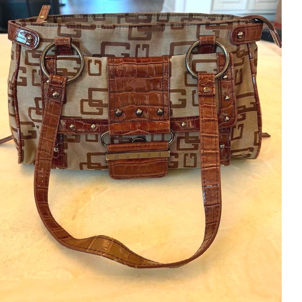 Guess Monogram Logo Canvas Shoulder Bag Brown Croc Trim Studded Y2K Satchel